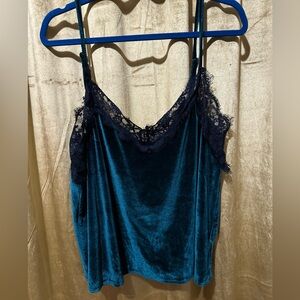 Green velvet and black lace tank top